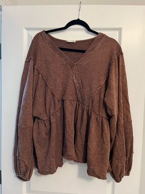 Fantastic Fawn Washed Brown V-Neck Peplum Sweatshirt